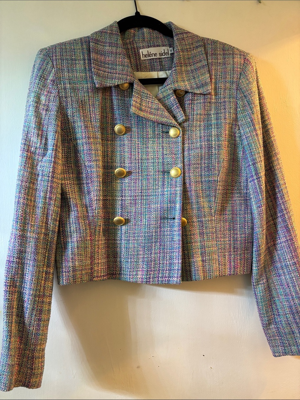 Helene Sidel Pastel Multicolor Tweed Double-Breasted Cropped Blazer